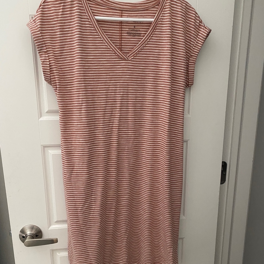 peach and white striped dress